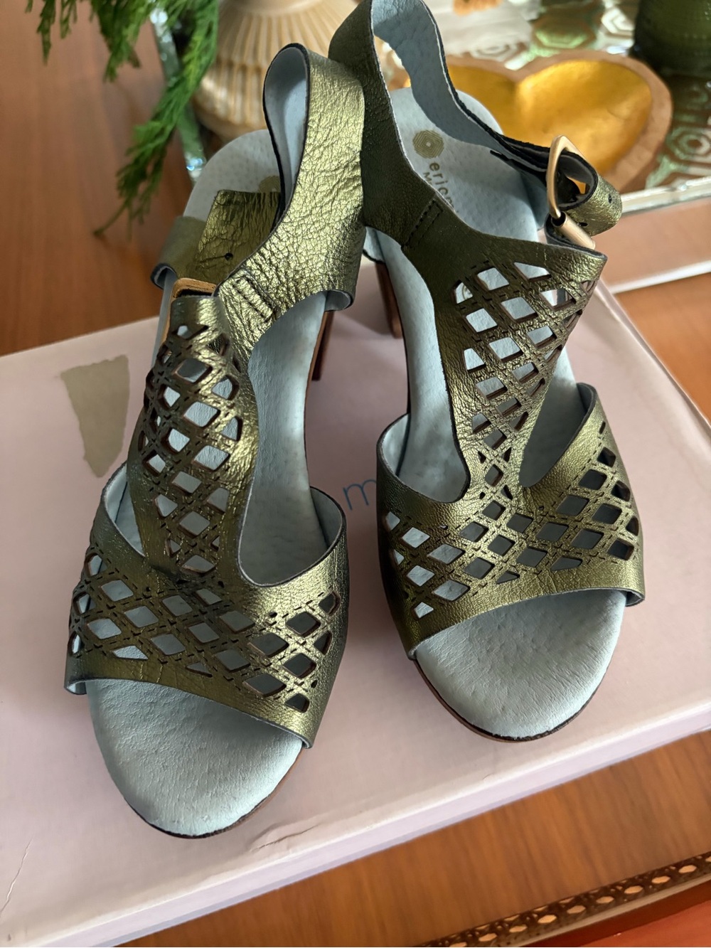 Eric Michael Metallic Olive Green Laser-Cut Slingback Sandals